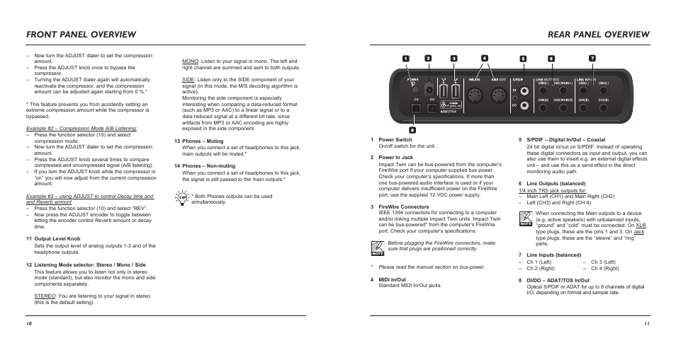 Front panel overview, Rear panel overview | TC Electronic Impact Twin User Manual | Page 7 / 24