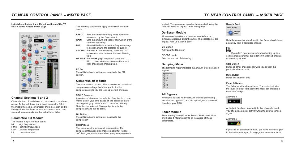 Tc near control panel – mixer page, De-esser module, Damping meter | All bypass, Fader module, Parametric eq module, Compression module | TC Electronic Impact Twin User Manual | Page 9 / 24