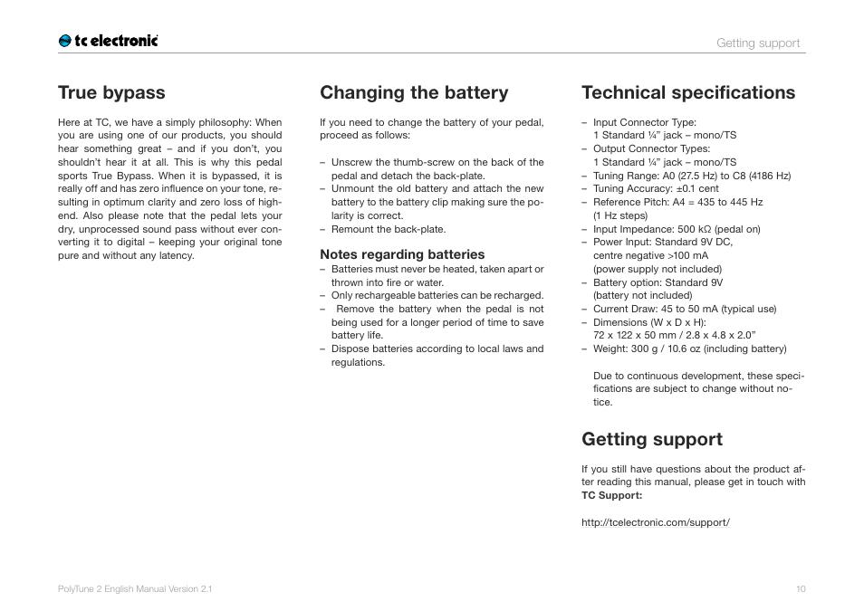 True bypass, Changing the battery, Technical specifications | Getting support | TC Electronic PolyTune 2 User Manual | Page 12 / 13
