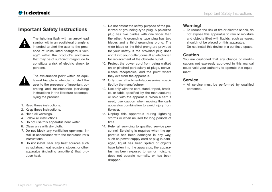 Important safety instructions | TC Electronic PolyTune 2 User Manual | Page 3 / 13