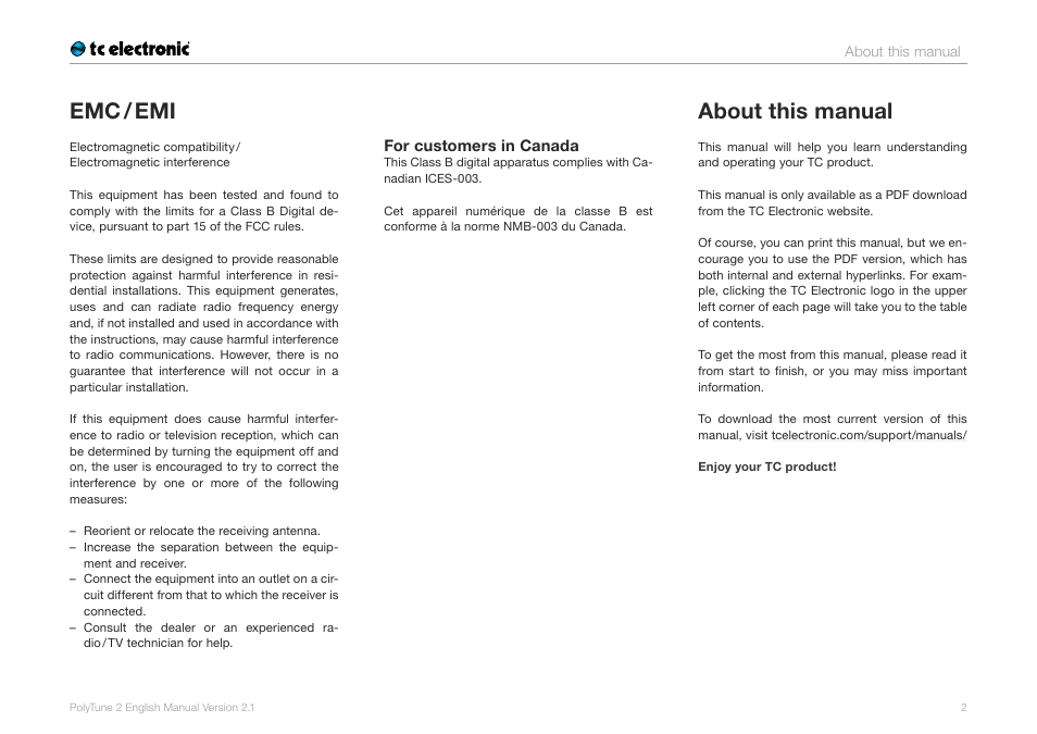 Emc / emi, About this manual | TC Electronic PolyTune 2 User Manual | Page 4 / 13