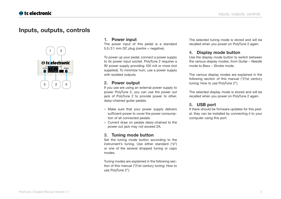 Inputs, outputs, controls, Power input, Power output | Tuning mode button, Display mode button, Usb port | TC Electronic PolyTune 2 User Manual | Page 7 / 13