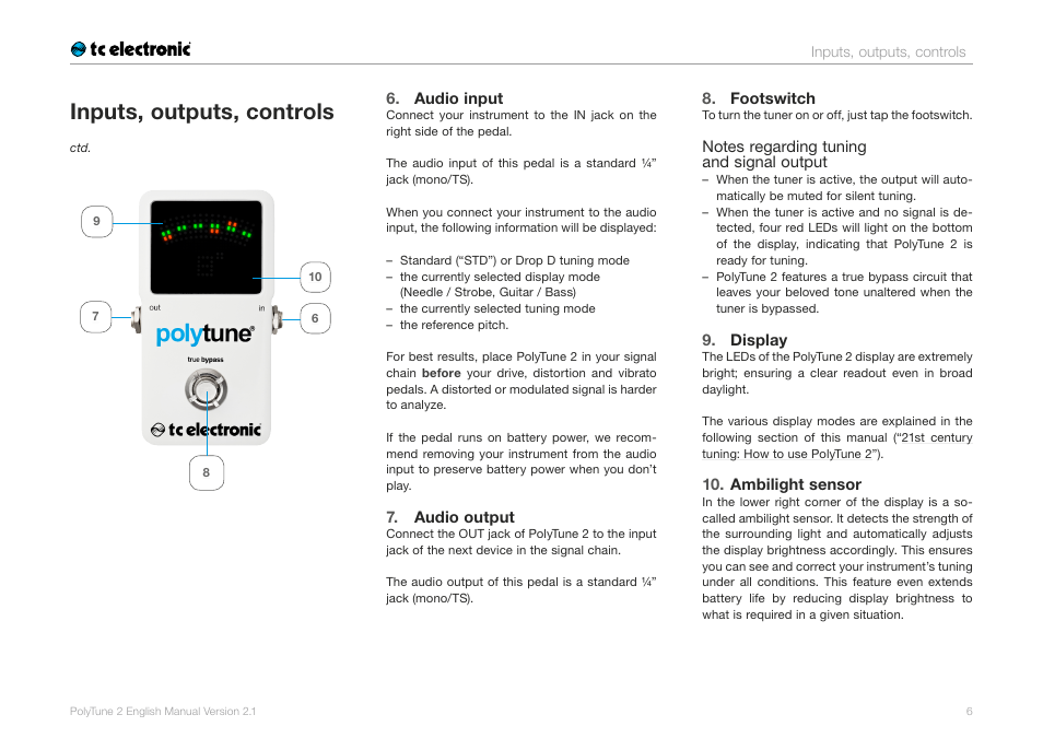 Ambilight sensor, Display, Footswitch | Audio output, Audio input, Inputs, outputs, controls | TC Electronic PolyTune 2 User Manual | Page 8 / 13