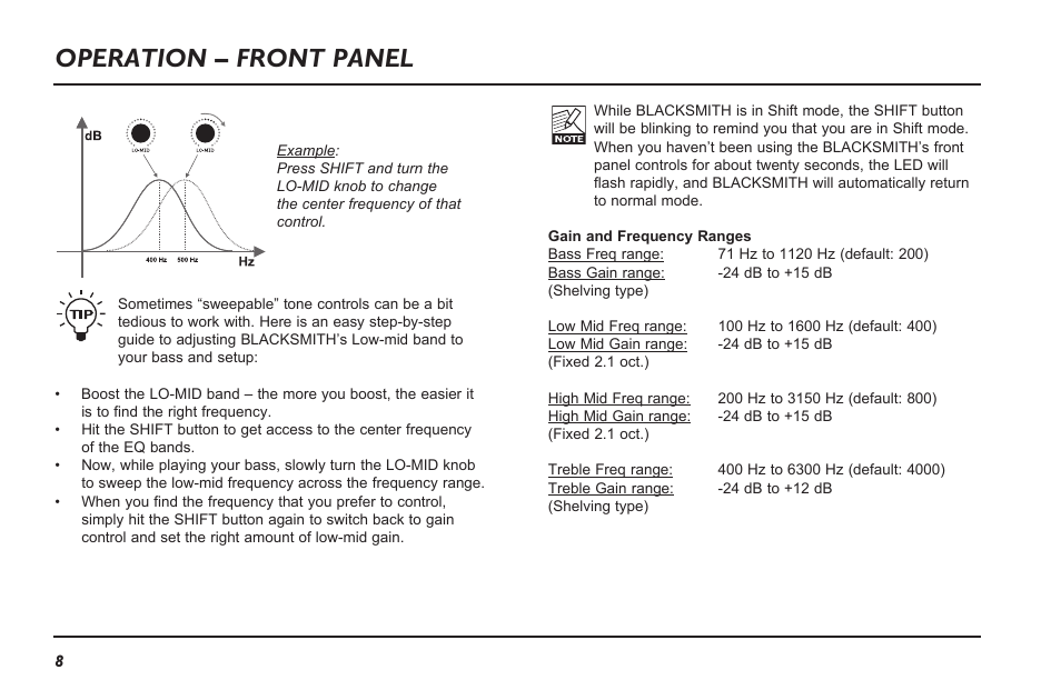 Operation – front panel | TC Electronic Blacksmith User Manual | Page 10 / 24