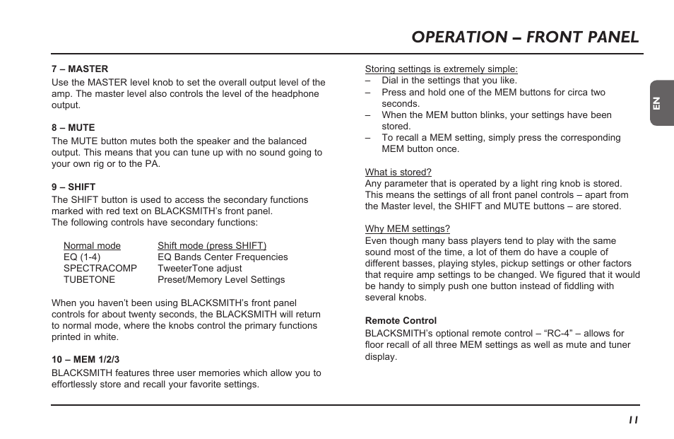 Operation – front panel | TC Electronic Blacksmith User Manual | Page 13 / 24