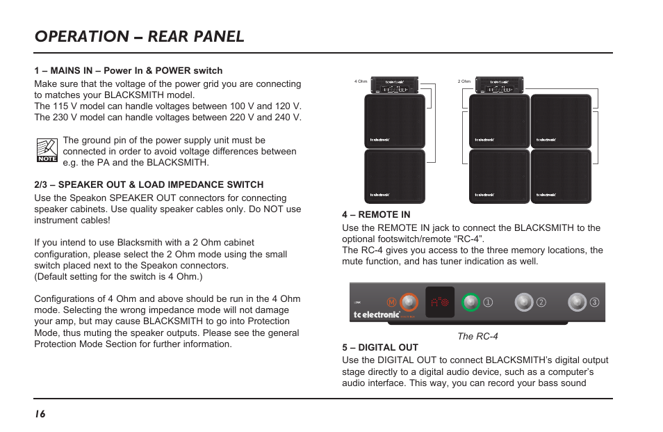 Operation – rear panel | TC Electronic Blacksmith User Manual | Page 18 / 24