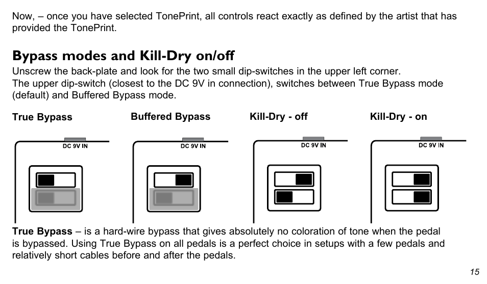 Bypass modes and kill-dry on/off | TC Electronic Flashback Delay User Manual | Page 15 / 18