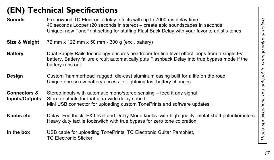 En) technical specifications | TC Electronic Flashback Delay User Manual | Page 17 / 18