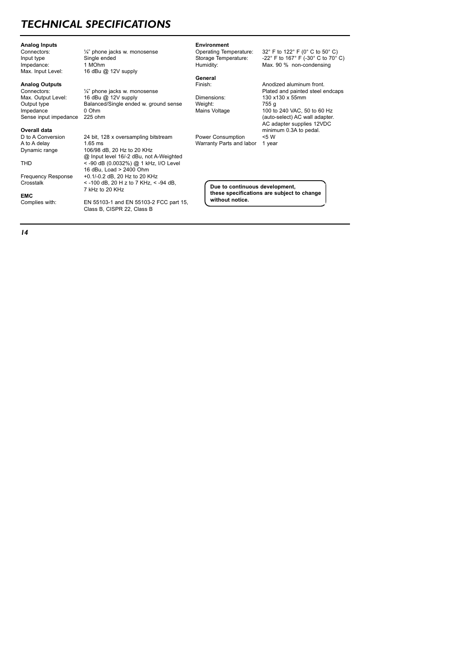 Technical specifications | TC Electronic NR-1 Nova Reverb User Manual | Page 14 / 16