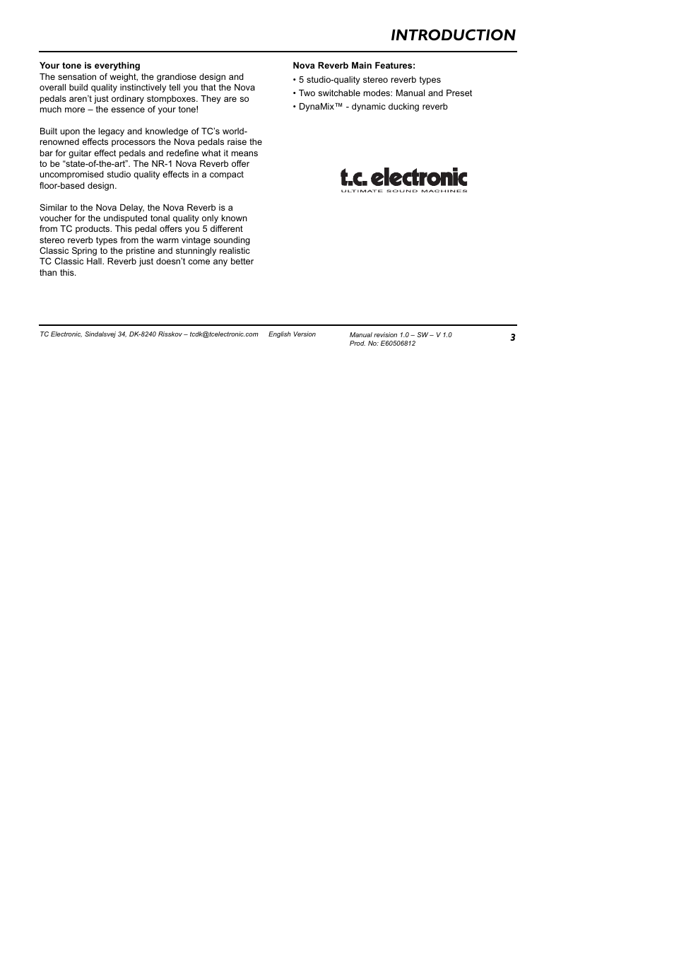 Introduction | TC Electronic NR-1 Nova Reverb User Manual | Page 3 / 16