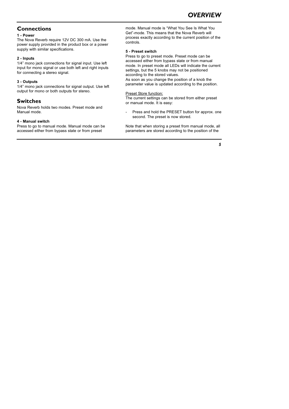 Overview, Connections, Switches | TC Electronic NR-1 Nova Reverb User Manual | Page 5 / 16