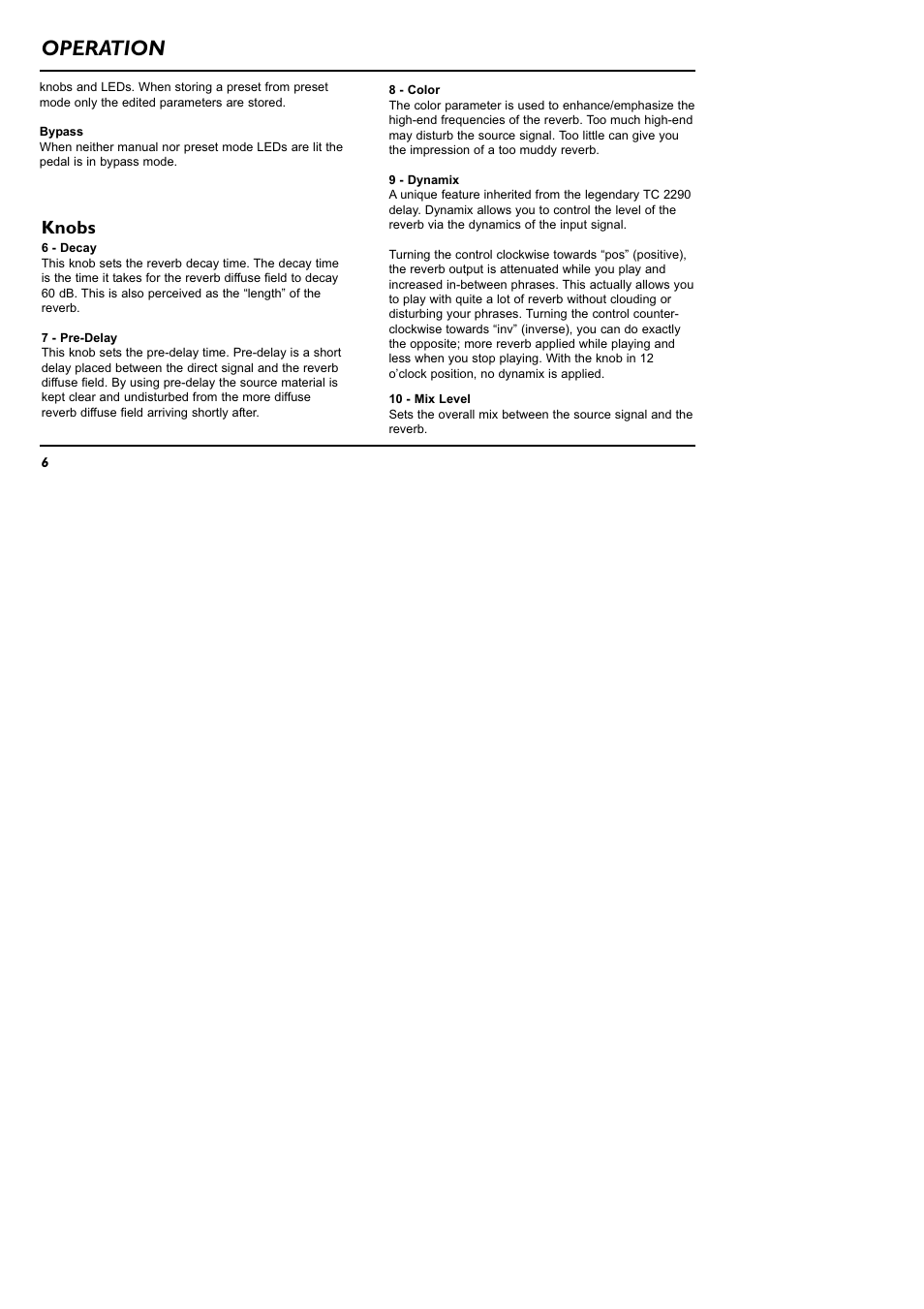 Operation, Knobs | TC Electronic NR-1 Nova Reverb User Manual | Page 6 / 16