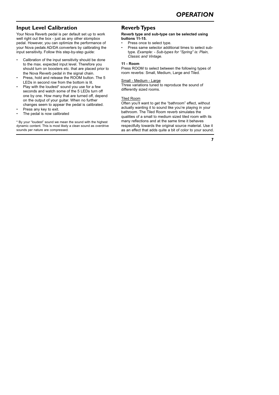 Operation, Input level calibration, Reverb types | TC Electronic NR-1 Nova Reverb User Manual | Page 7 / 16