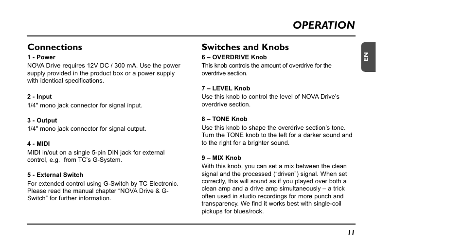 Operation, Connections, Switches and knobs | TC Electronic NDR-1 Nova Drive User Manual | Page 11 / 26