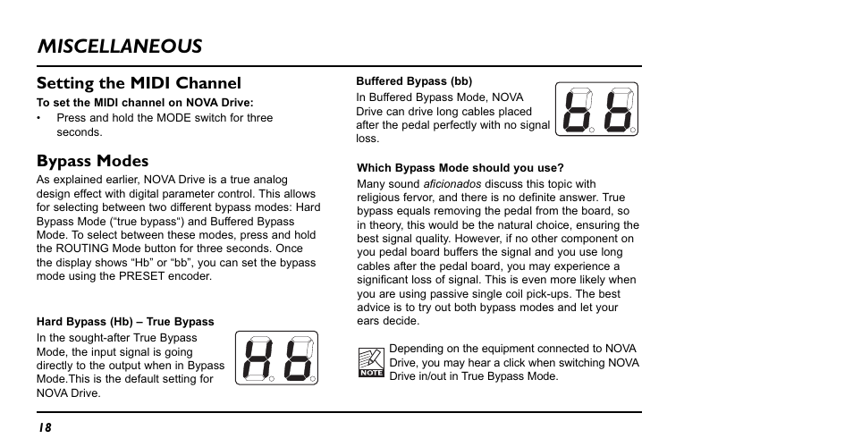 Miscellaneous, Setting the midi channel, Bypass modes | TC Electronic NDR-1 Nova Drive User Manual | Page 18 / 26