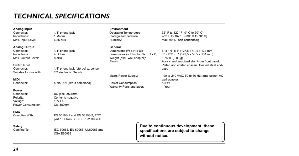 Technical specifications | TC Electronic NDR-1 Nova Drive User Manual | Page 24 / 26