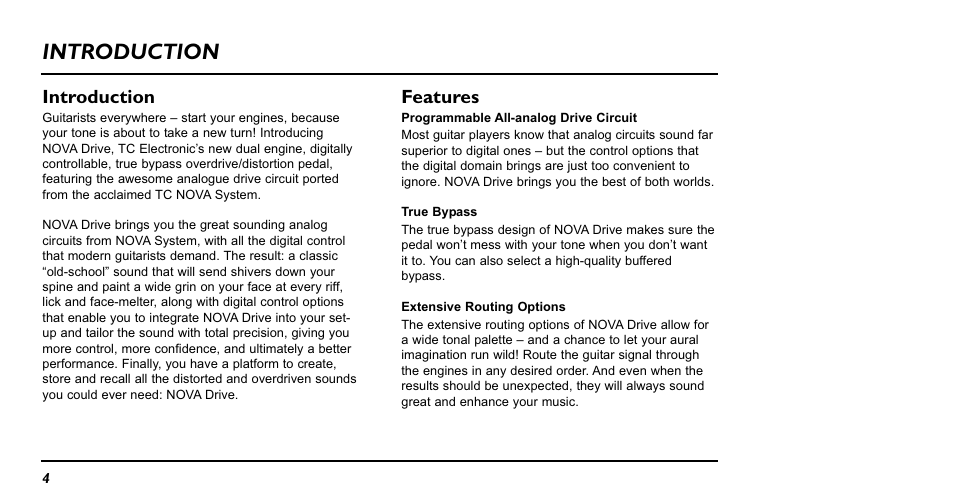 Introduction, Features | TC Electronic NDR-1 Nova Drive User Manual | Page 4 / 26