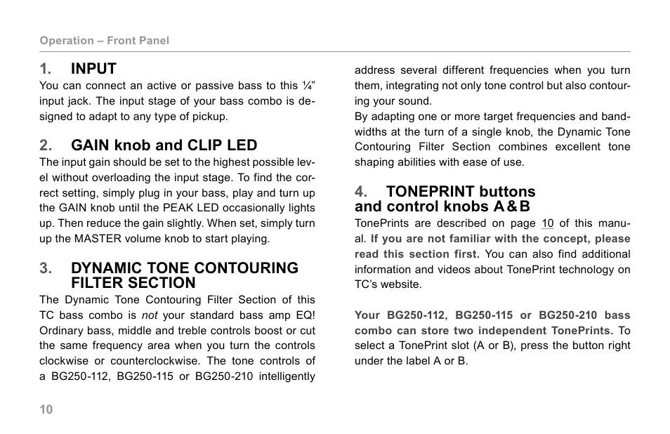 Input, Gain knob and clip led, Dynamic tone contouring filter section | Toneprint buttons and control knobs a & b, Tone | TC Electronic BG250-210 User Manual | Page 14 / 22