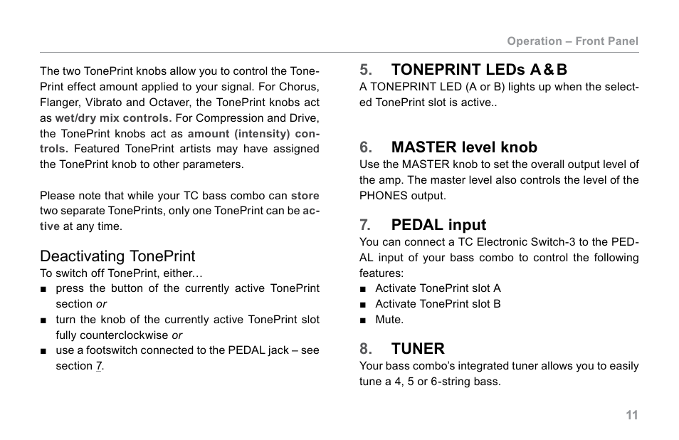 Toneprint leds a & b, Master level knob, Pedal input | Tuner, Deactivating toneprint | TC Electronic BG250-210 User Manual | Page 15 / 22