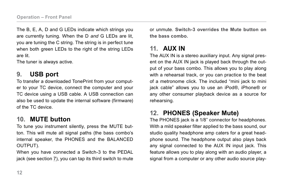 Usb port, Mute button, Aux in | Phones (speaker mute) | TC Electronic BG250-210 User Manual | Page 16 / 22