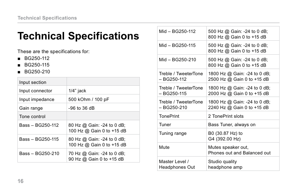 Technical specifications | TC Electronic BG250-210 User Manual | Page 20 / 22