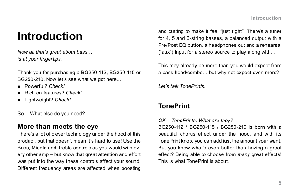 Introduction, More than meets the eye, Toneprint | TC Electronic BG250-210 User Manual | Page 9 / 22