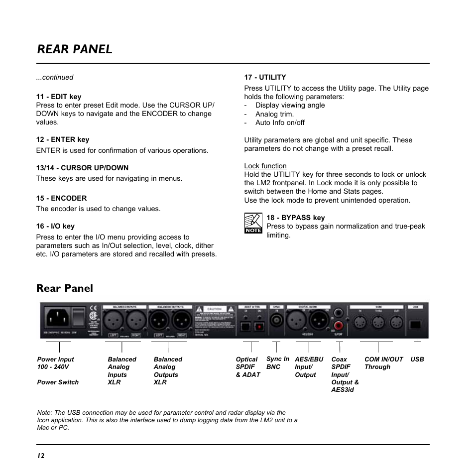 Overview rear panel, Rear panel | TC Electronic LM2 User Manual | Page 12 / 46