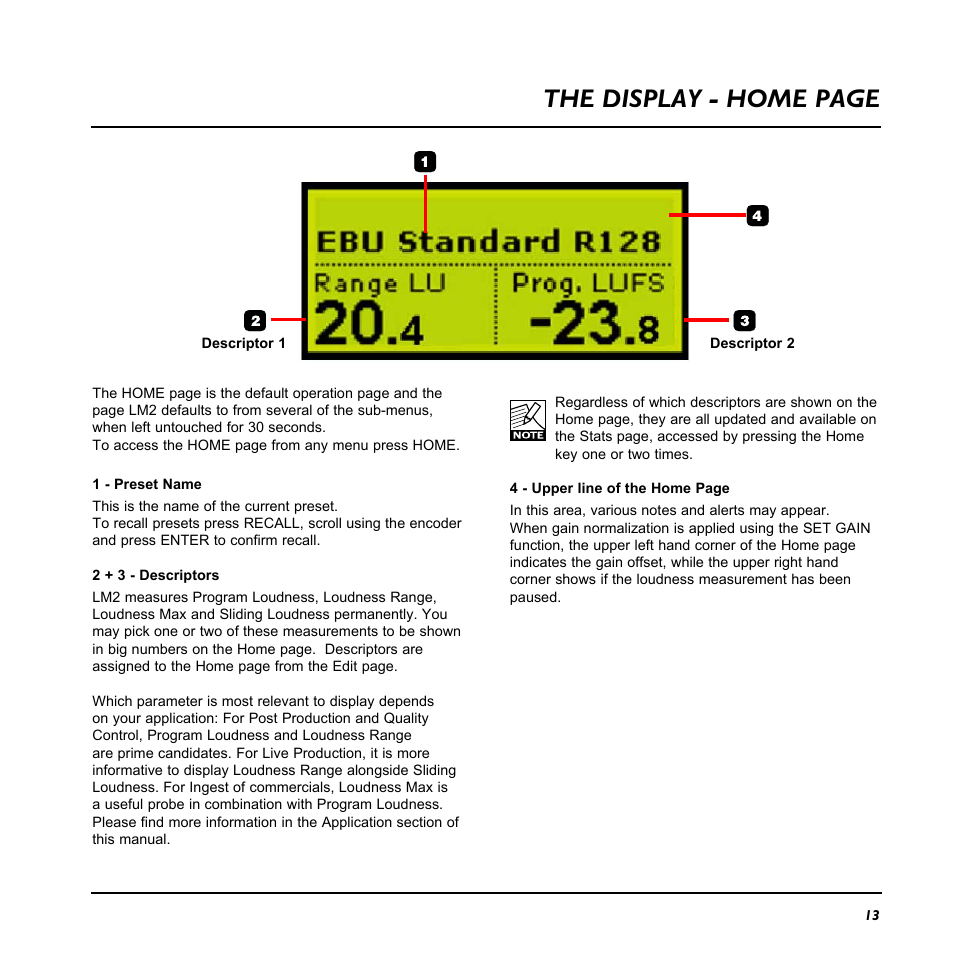 Overview the display - home page | TC Electronic LM2 User Manual | Page 13 / 46