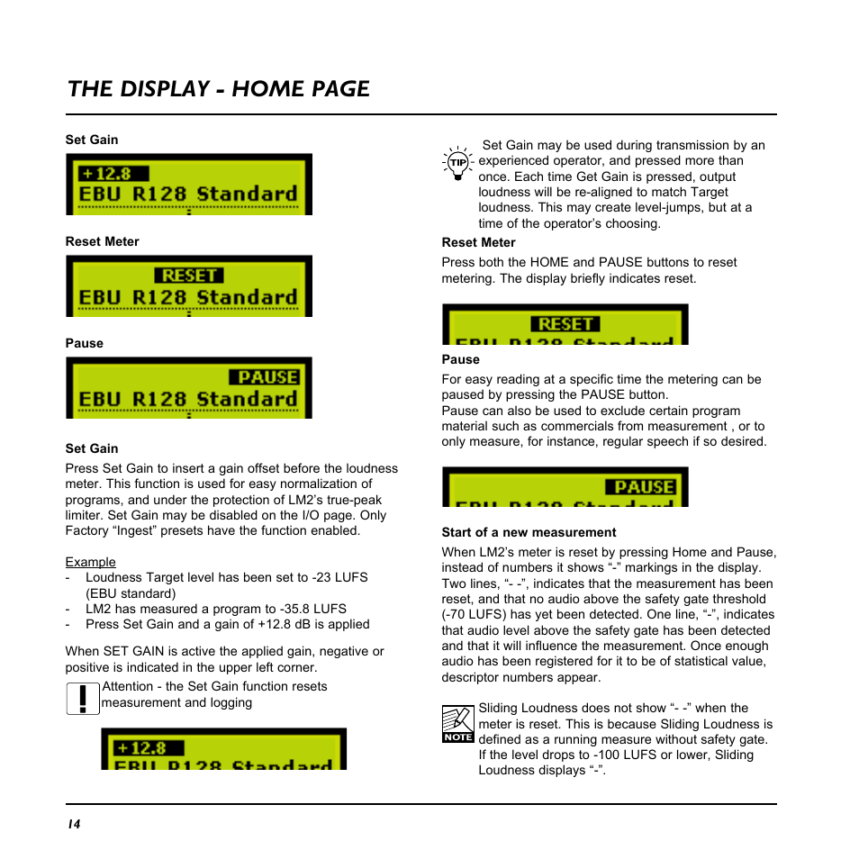 The display - home page | TC Electronic LM2 User Manual | Page 14 / 46