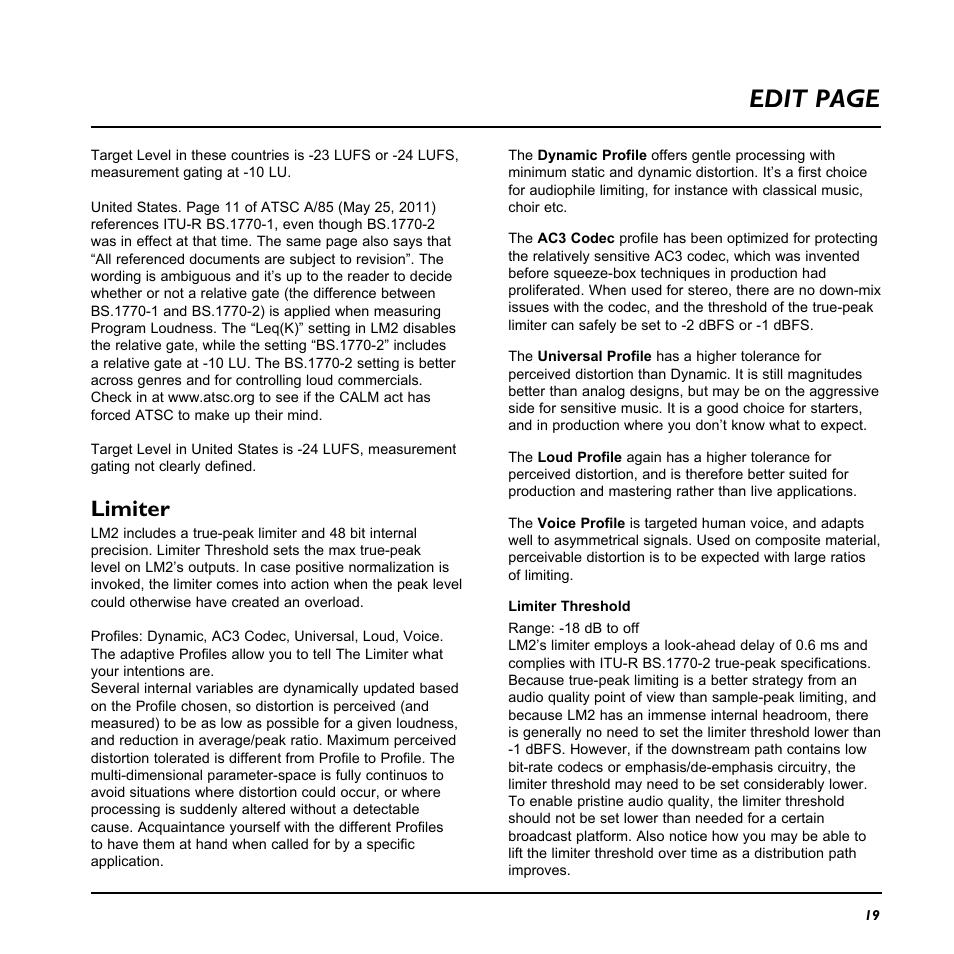 Edit page, Limiter | TC Electronic LM2 User Manual | Page 19 / 46