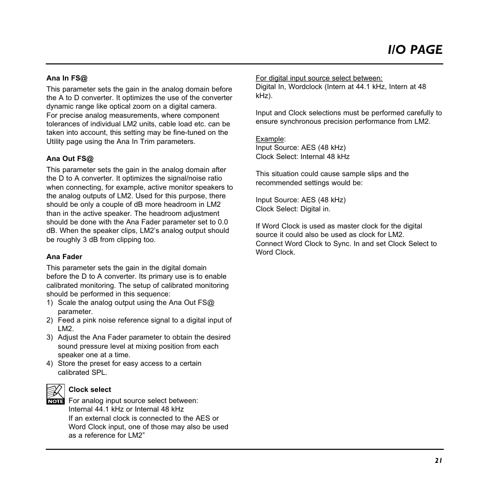 I/o page | TC Electronic LM2 User Manual | Page 21 / 46