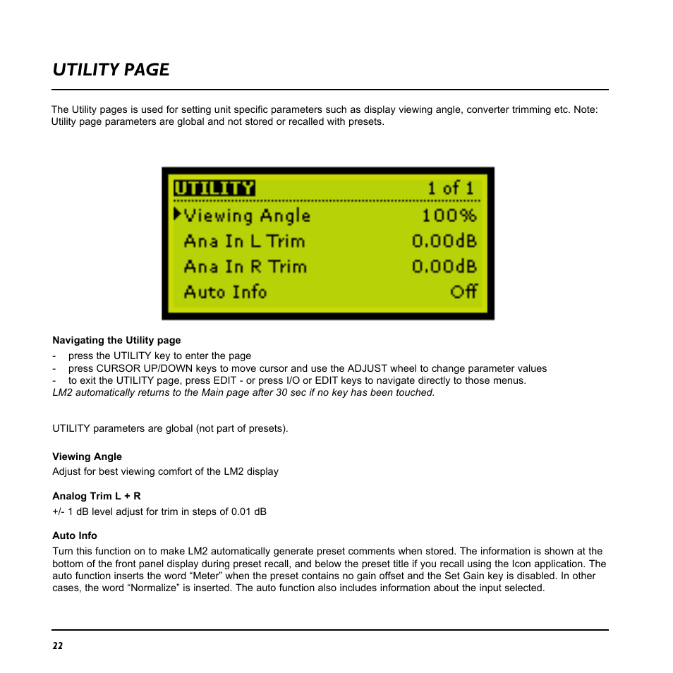 Page head, Utility page | TC Electronic LM2 User Manual | Page 22 / 46