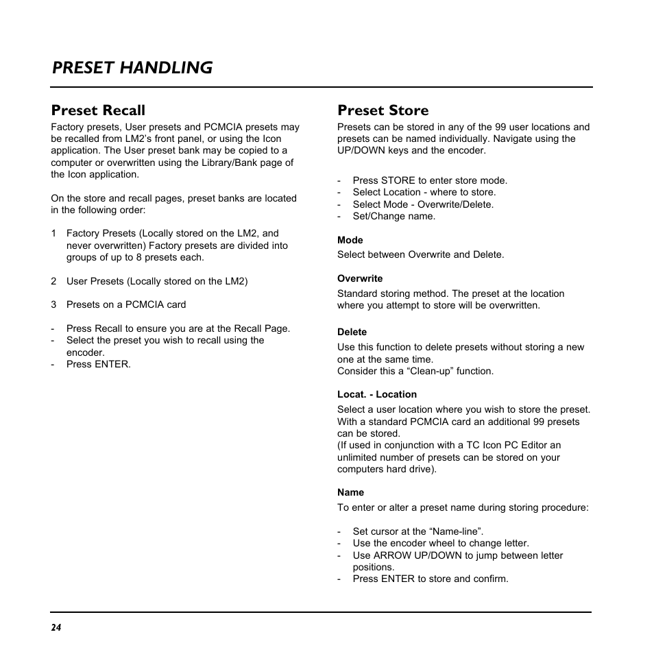 Page head preset handling, Preset recall, Preset store | TC Electronic LM2 User Manual | Page 24 / 46