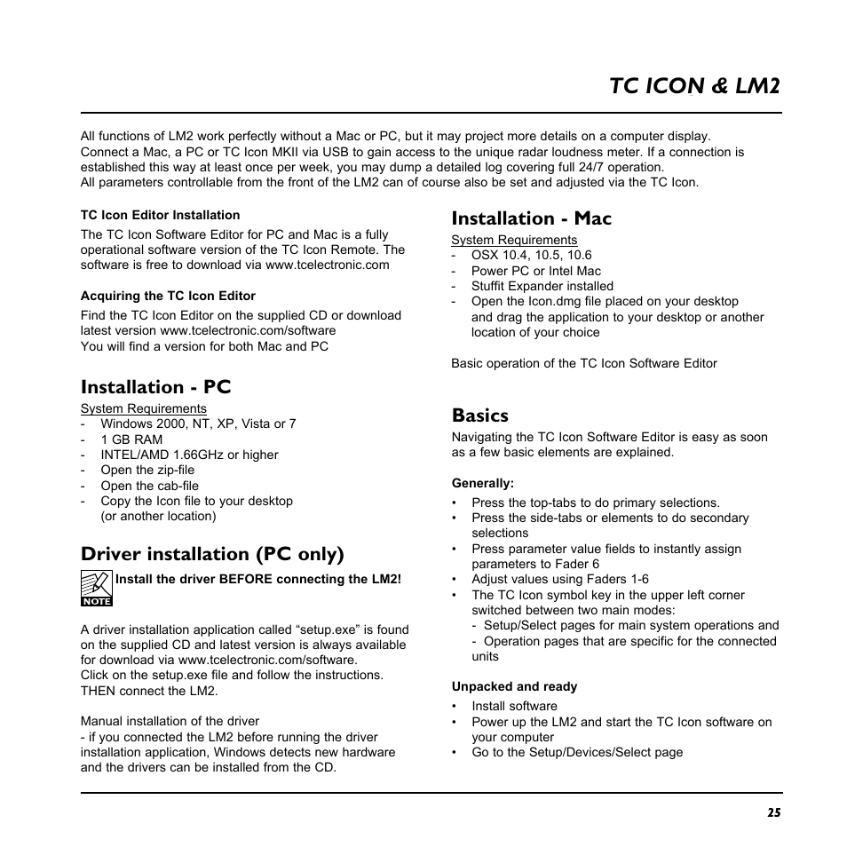 Page head, Tc icon & lm2, Installation - pc | Driver installation (pc only), Basics, Installation - mac | TC Electronic LM2 User Manual | Page 25 / 46