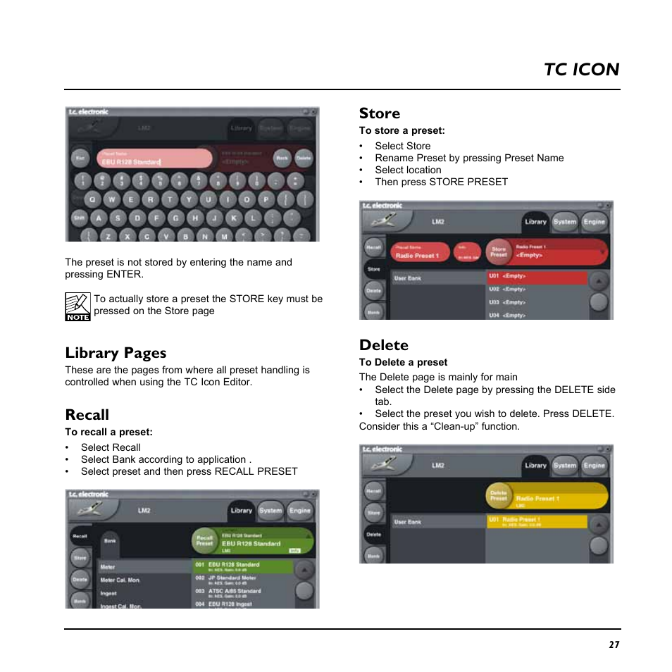 Tc icon, Store, Delete | Library pages, Recall | TC Electronic LM2 User Manual | Page 27 / 46