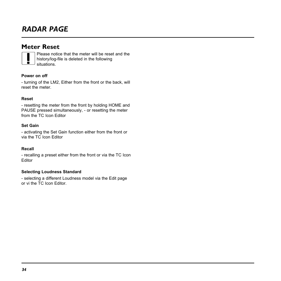 Radar page, Meter reset | TC Electronic LM2 User Manual | Page 34 / 46