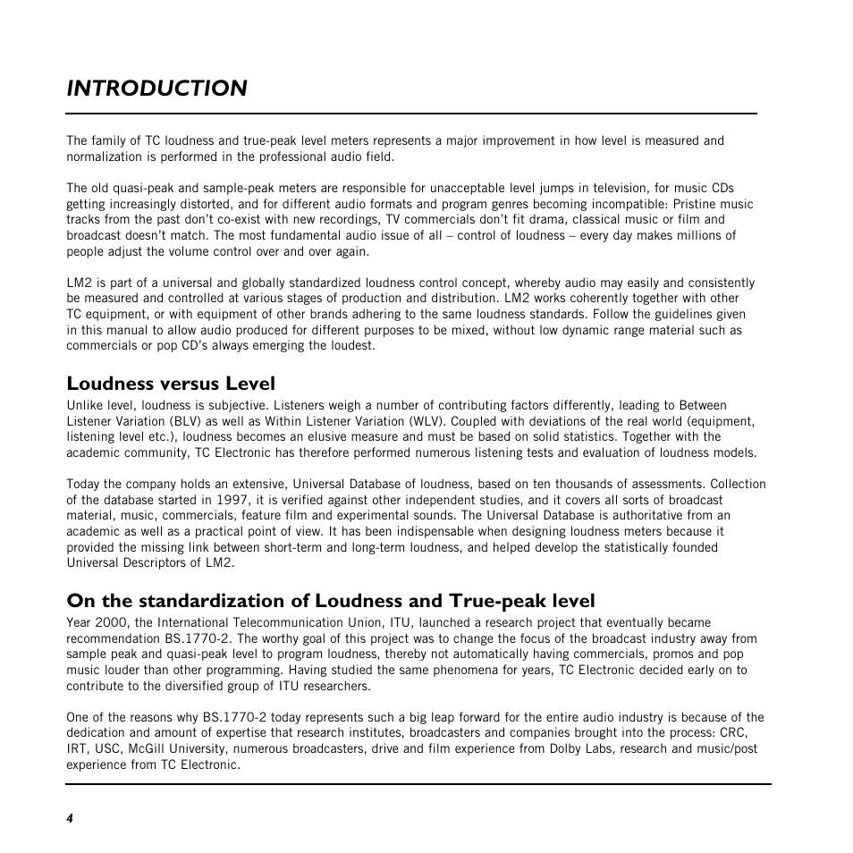 Introduction, Loudness versus level | TC Electronic LM2 User Manual | Page 4 / 46