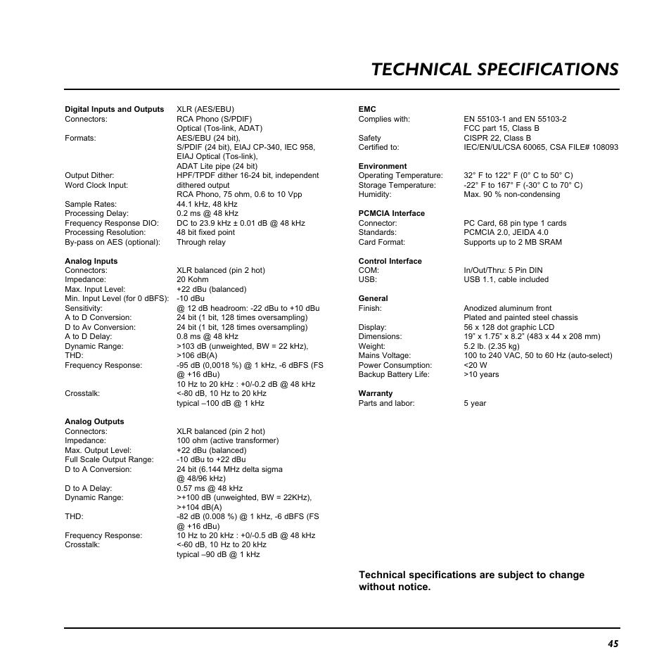 Technical specifications | TC Electronic LM2 User Manual | Page 45 / 46