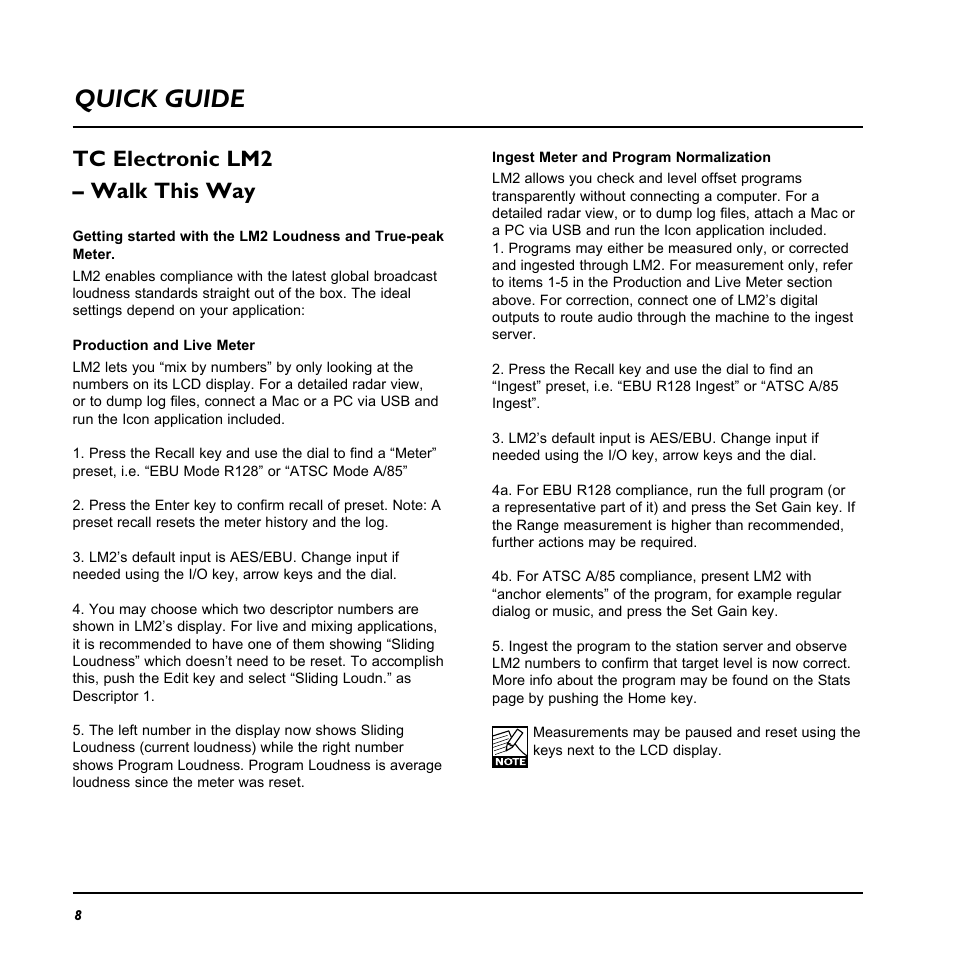 Quick guide, Tc electronic lm2 – walk this way | TC Electronic LM2 User Manual | Page 8 / 46