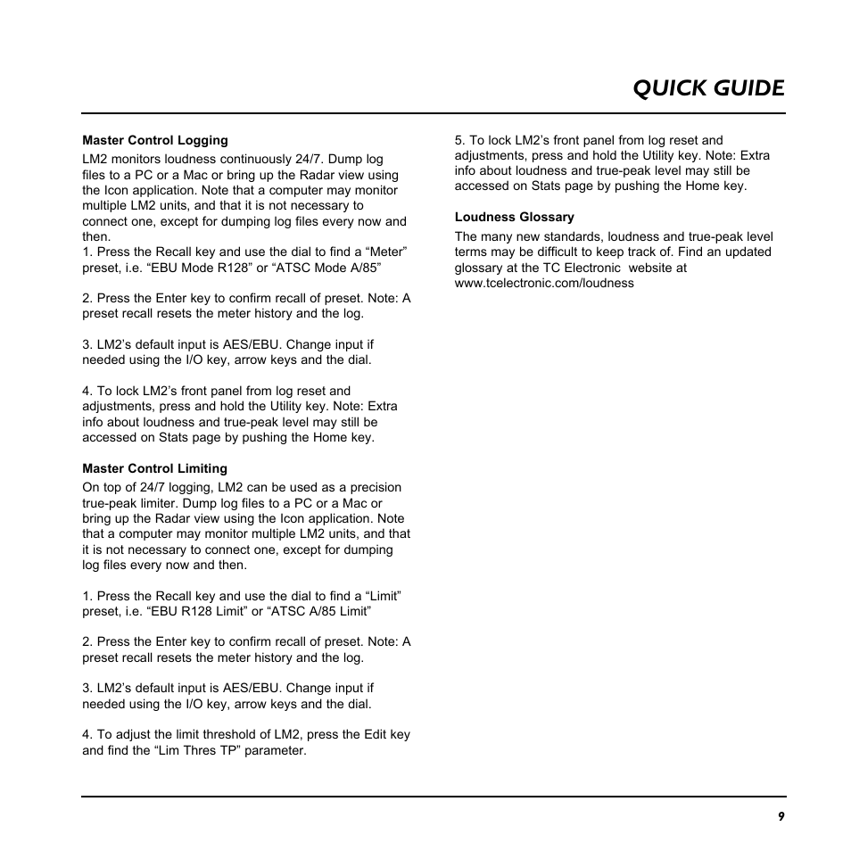 Quick guide | TC Electronic LM2 User Manual | Page 9 / 46