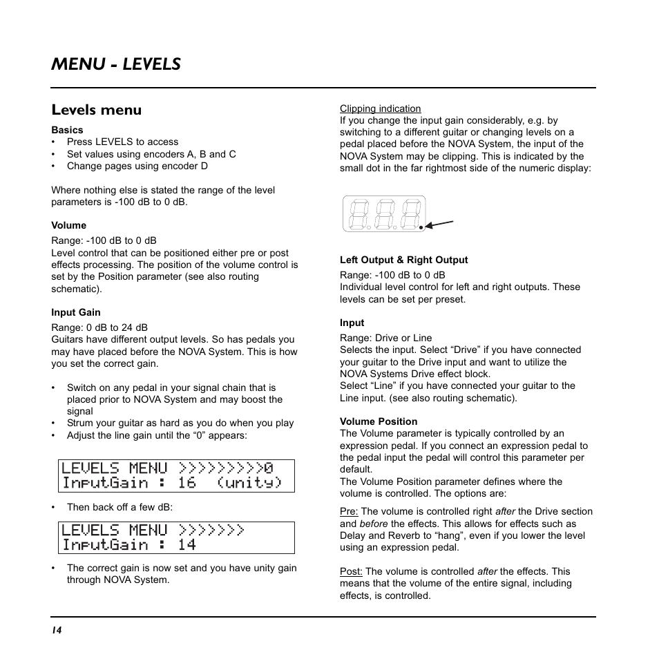 Menu - levels, Levels menu | TC Electronic Nova System User Manual | Page 14 / 46