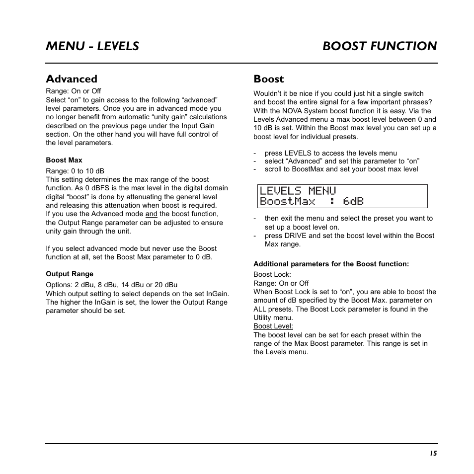 Menu - levels, Boost function, Advanced | Boost | TC Electronic Nova System User Manual | Page 15 / 46
