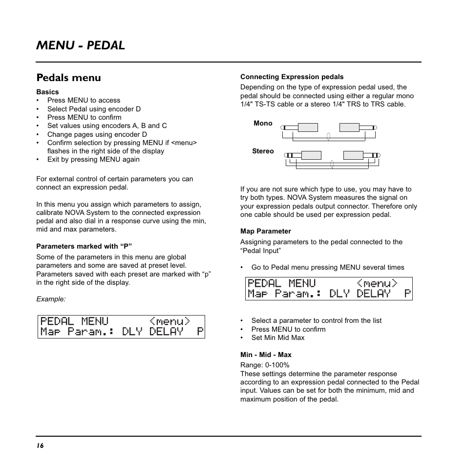 Menu - pedal, Pedals menu | TC Electronic Nova System User Manual | Page 16 / 46