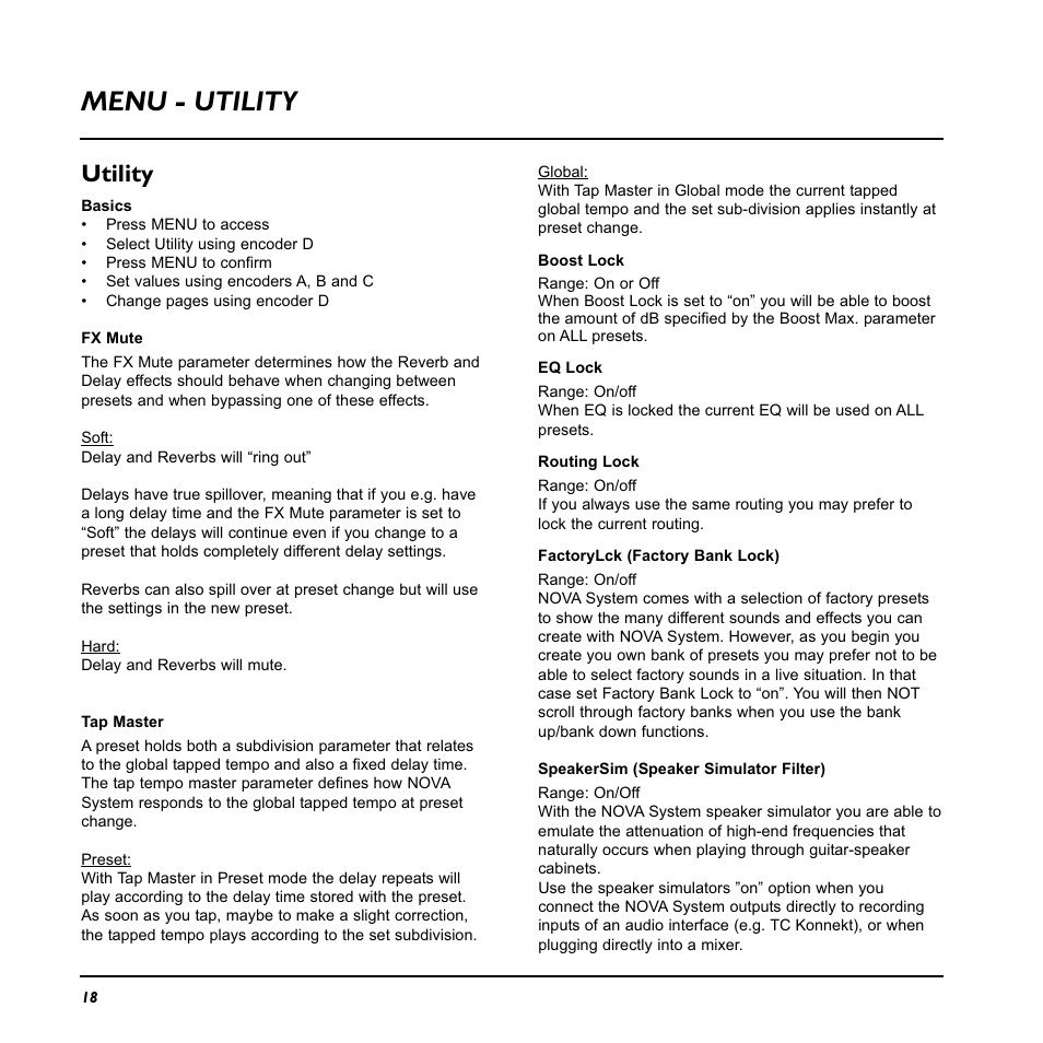 Menu - utility, Utility | TC Electronic Nova System User Manual | Page 18 / 46