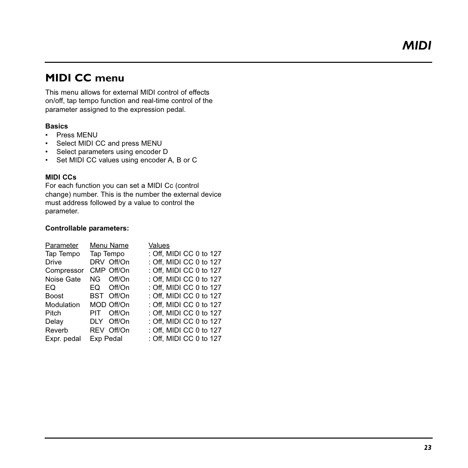 Midi, Midi cc menu | TC Electronic Nova System User Manual | Page 23 / 46