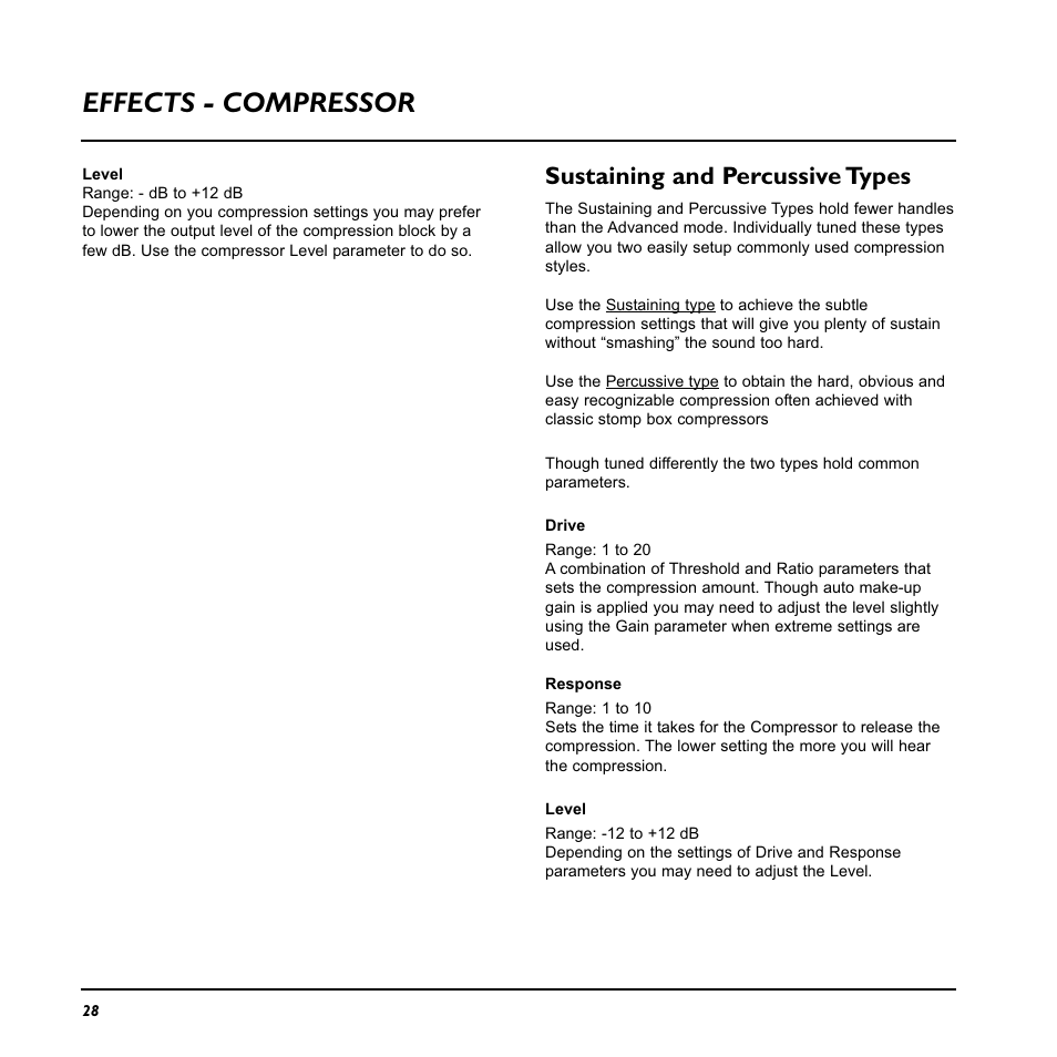 Effects - compressor, Sustaining and percussive types | TC Electronic Nova System User Manual | Page 28 / 46