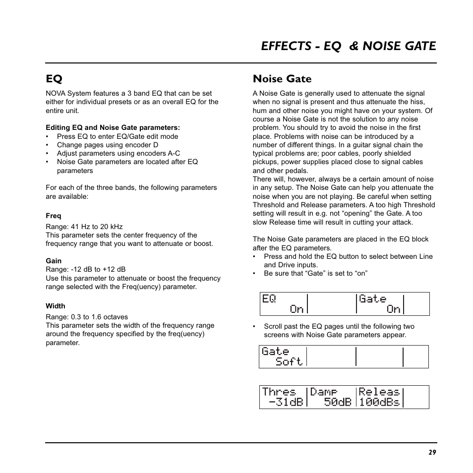 Effects - eq & noise gate, Noise gate | TC Electronic Nova System User Manual | Page 29 / 46
