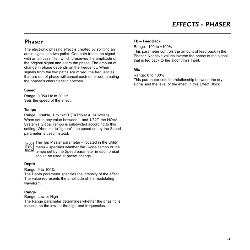 Effects - phaser, Phaser | TC Electronic Nova System User Manual | Page 31 / 46