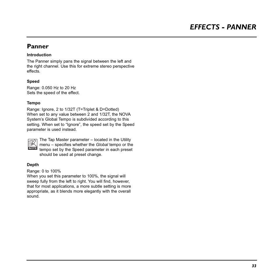 Effects - panner, Panner | TC Electronic Nova System User Manual | Page 33 / 46