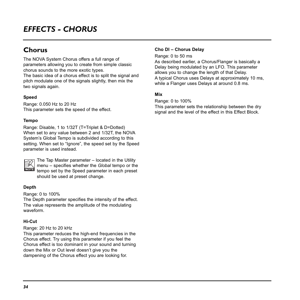 Effects - chorus, Chorus | TC Electronic Nova System User Manual | Page 34 / 46